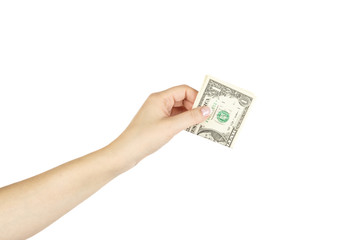 Female's hand holds one dollar on white background.