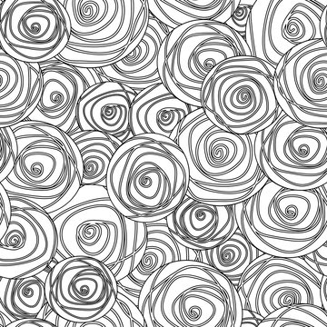 Stylized roses seamless pattern, black outlines on white. Vector background.