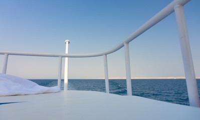 The yacht deck during sailing on a beautiful blue sea