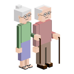 Block style elderly couple with walking stick