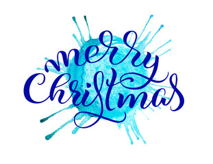 abstract background blue tone and the text of Merry Christmas. Lettering calligraphy