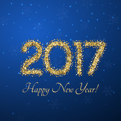 Fototapeta na wymiar Happy New Year 2017. Vector holiday poster with golden text on the blue background.