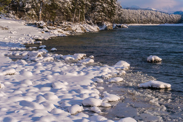 Mountain river Katun, Altai, Russia. A winter scenic.