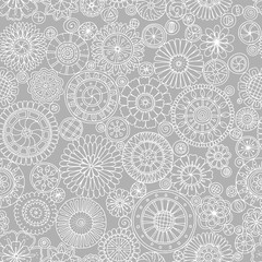 Seamless pattern with mandala with vintage decorative circle elements. Hand drawn tribal grey monochrome background. Islam, Arabic, Indian ornament.