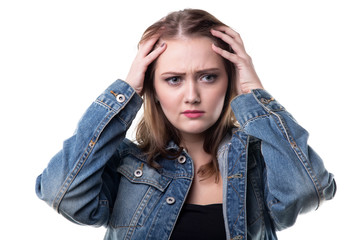 Tired woman in jeans jacket