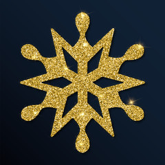 Golden glitter symmetrical snowflake. Luxurious christmas design element, vector illustration.