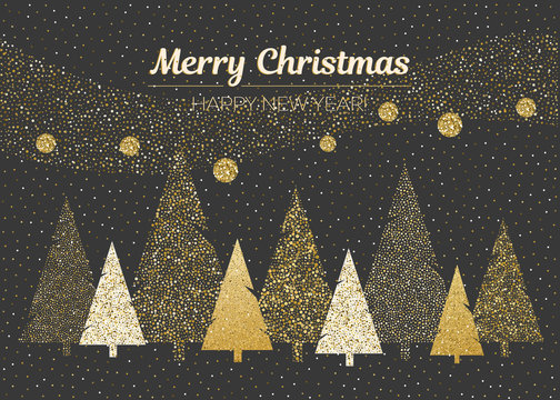 Vector merry Christmas and happy New Year design. Horizontal card with geometric and dotted Christmas trees in black, gold and white colors.