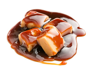 Caramel candies with caramel sauce.