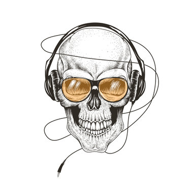 skull listening a music in headphones