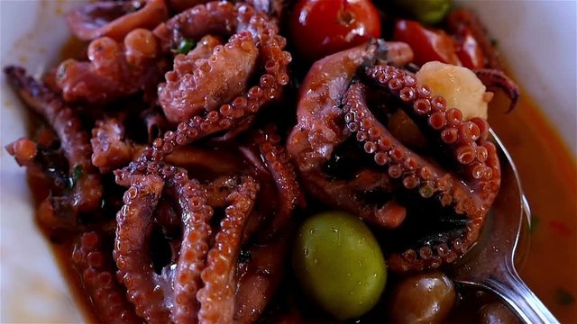 Close up of seafood plate with octopus
