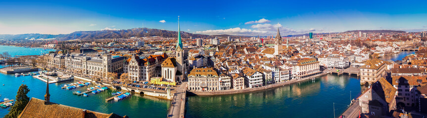 Historic Zürich city center with famous Fraumünster Church, Limmat river and Zürich lake, Switzerland - obrazy, fototapety, plakaty
