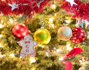 Holiday cookie hanging from fully decorated Christmas tree