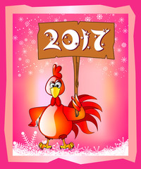 Happy New Year. Illustration. Rooster with a sign. Symbol of the year. Pink background.