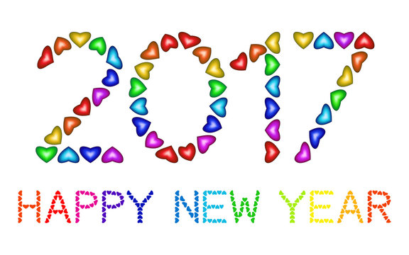 New Year 2017 made from multicolored hearts isolated on white background. Numbers of year 2017. Rainbow greeting card. Happy holidays colorful design for banners, posters, flyers, calendar. Vector