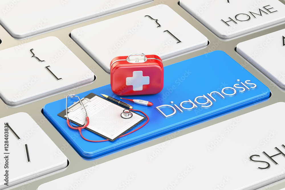 Poster diagnosis button, blue key on keyboard 3d rendering