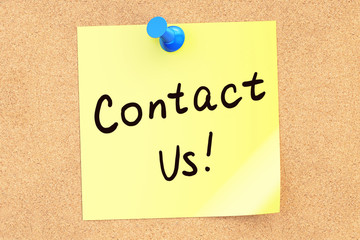 Contact us text on a sticky note pinned to a corkboard. 3D rende
