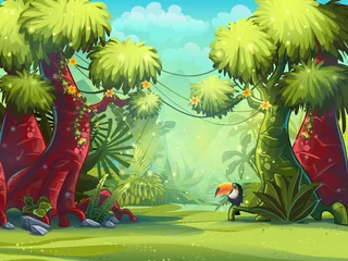 Fototapete Jungle vector illustration toucan, trees and flower © nearbirds