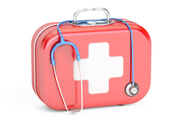 Stethoscope and First Aid Kit, 3D rendering