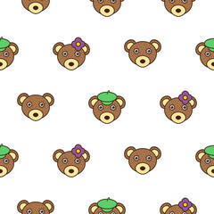 Obraz premium Cute bear with a cap baby pattern. Brown bear head seamless vector background for kids.