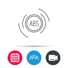 ABS icon. Brakes antilock system sign. Group of people, video cam and calendar icons. Vector