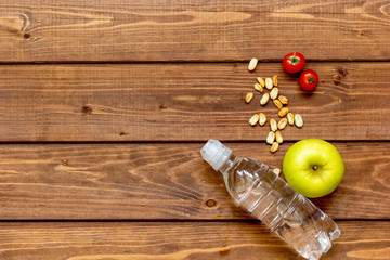 ingredients for children's lunch on wooden background top view