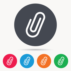 Attachment icon. Paper clip symbol. Colored circle buttons with flat web icon. Vector