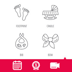 Achievement and video cam signs. Footprint, cradle and dirty bib icons. Bow linear sign. Calendar icon. Vector