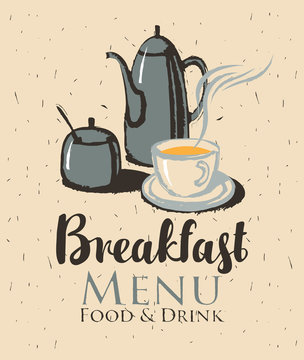 vector banner for a cafe with breakfast with a teapot and cup of tea