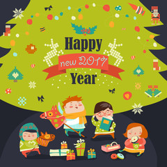 Group of children and christmas tree