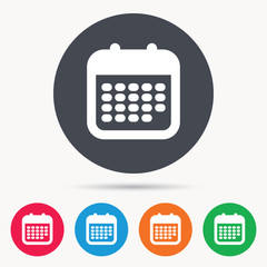 Calendar icon. Events reminder symbol. Colored circle buttons with flat web icon. Vector