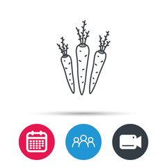 Carrots icon. Vegetarian food sign. Natural vegetables symbol. Group of people, video cam and calendar icons. Vector