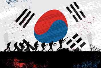 Silhouette of soldiers fighting at war with flag of South Korea
