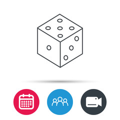 Dice icon. Casino gaming tool sign. Winner bet symbol. Group of people, video cam and calendar icons. Vector