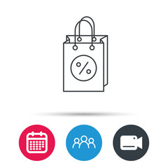 Shopping bag icon. Sale and discounts sign. Supermarket handbag symbol. Group of people, video cam and calendar icons. Vector