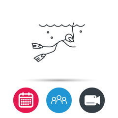 Diving icon. Swimming underwater with tube sign. Scuba diving symbol. Group of people, video cam and calendar icons. Vector