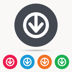 Download icon. Load internet data symbol. Colored circle buttons with flat web icon. Vector