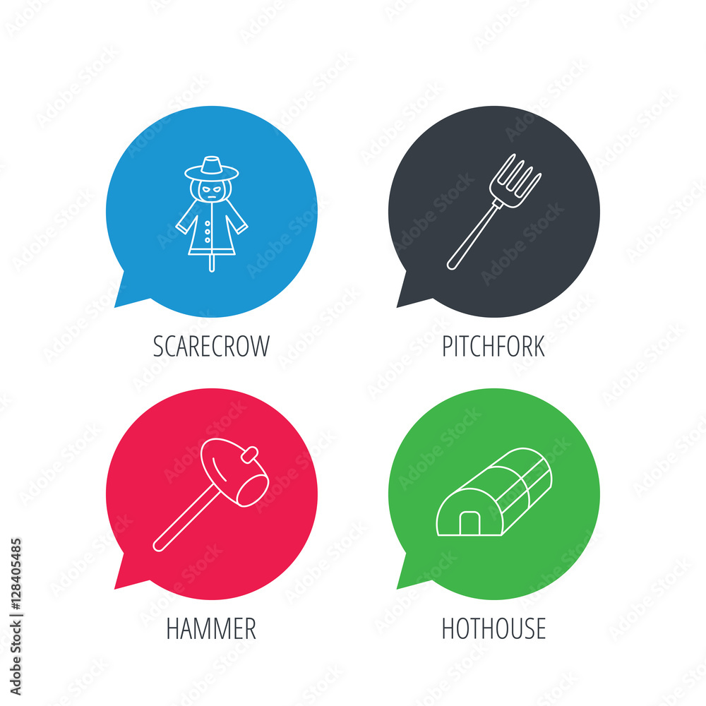Poster colored speech bubbles. hammer, hothouse and scarecrow icons. pitchfork linear sign. flat web button
