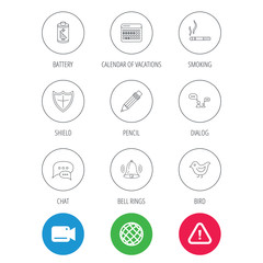 Fototapeta premium Battery, pencil and protection shield icons. Dialog chat, bell rings and vacation calendar linear signs. Bird, smoking allowed icons. Video cam, hazard attention and internet globe icons. Vector