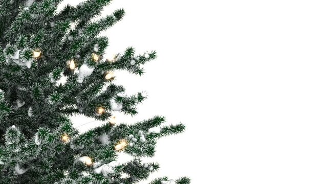 Christmas tree with light bulbs and snow on white background