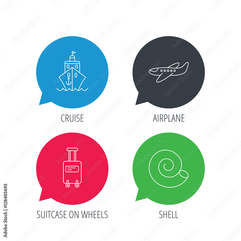 Poster colored speech bubbles. cruise, airplane and suitcase on wheels icons. shell linear sign. flat web b