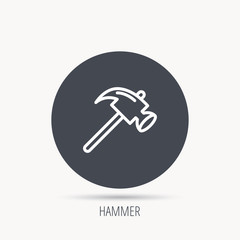 Hammer icon. Repair or fix sign. Construction equipment tool symbol. Round web button with flat icon. Vector