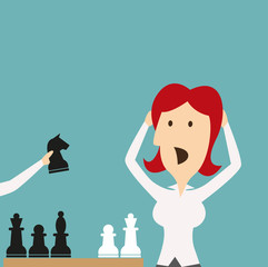 Business defeat. Woman shocked defeated in chess