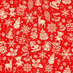 Naklejka premium Christmas vector background, seamless tiling, great choice for wrapping paper pattern. Christmas and New year seamless vector red background . 