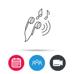 Headphones icon. Musical notes signs. Group of people, video cam and calendar icons. Vector