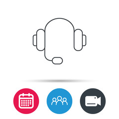 Headphones with microphone icon. Musical notes signs. Group of people, video cam and calendar icons. Vector