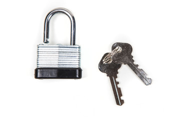 Padlock and keys isolated on white background