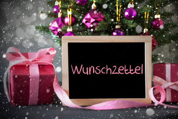 Obraz na płótnie Canvas Tree With Gifts, Snowflakes, Bokeh, Wunschzettel Means Wish List