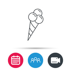 Ice cream with three balls icon. Sweet dessert sign. Group of people, video cam and calendar icons. Vector