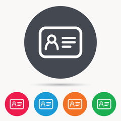 ID card icon. Personal identification document symbol. Colored circle buttons with flat web icon. Vector