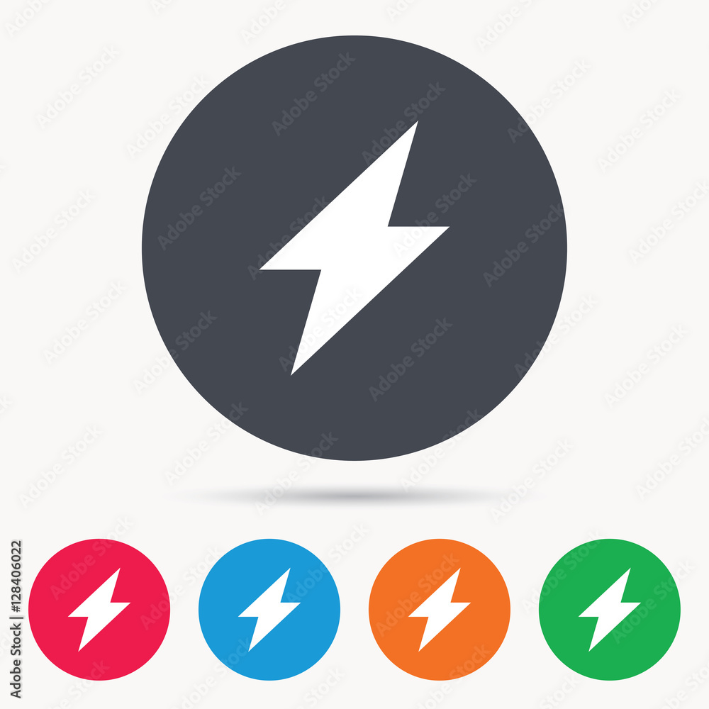 Poster lightning icon. electricity energy power symbol. colored circle buttons with flat web icon. vector